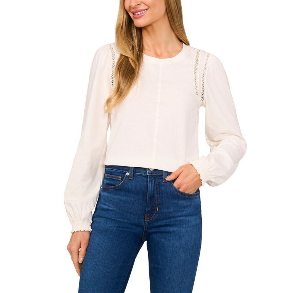 CeCe Lace Inset Swing Top Womens L Cream Peasant Boho Cottagecore Grannycore NWT